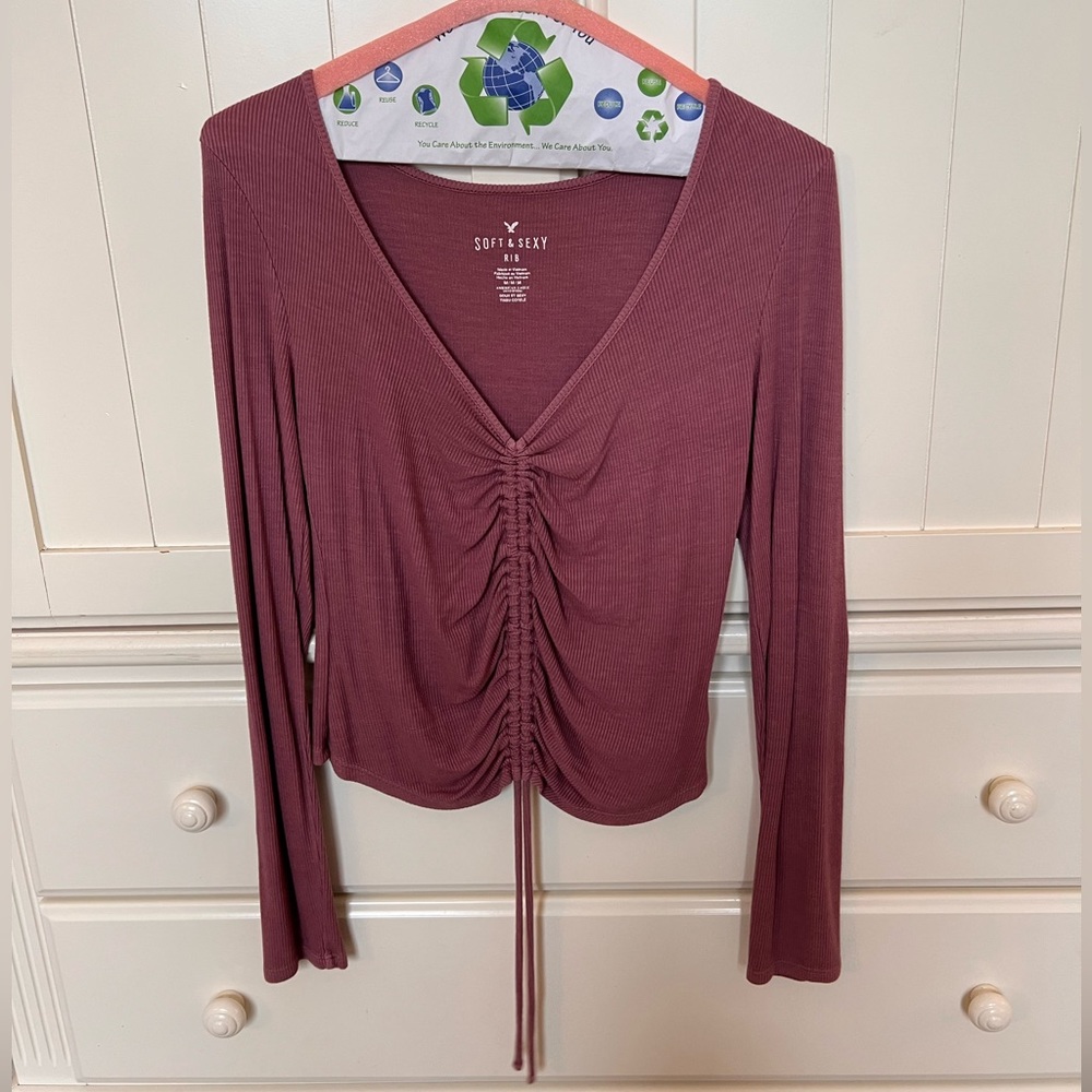 American Eagle Outfitters Ruched V-Neck Long Sleeve Top - Mauve